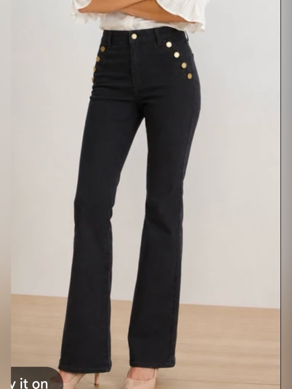 Women's textured, patterned-Black Boot-Cut Stretch Pants with Button Accent